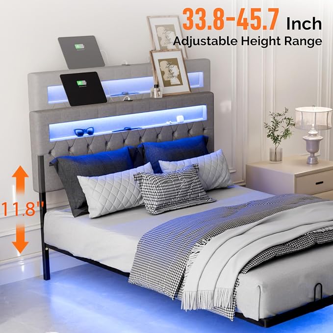 VINGLI Full Size Floating Bed Frame with LED Lights, Adjustable Velvet Upholstered Bed with Charging Station, Modern Metal Full Bed, Easy Assembly, No Box Spring Needed, Grey