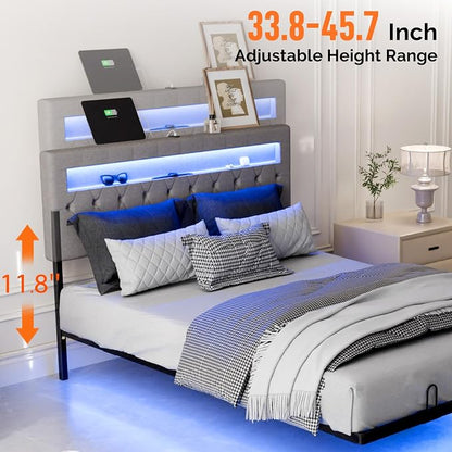 VINGLI Full Size Floating Bed Frame with LED Lights, Adjustable Velvet Upholstered Bed with Charging Station, Modern Metal Full Bed, Easy Assembly, No Box Spring Needed, Grey