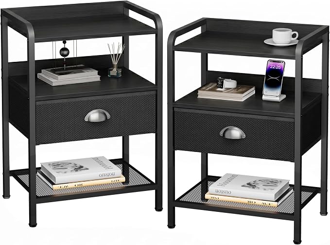 Nightstands Set of 2, Bedside Table with 1 Fabric Drawer, Open Mesh Shelf, End Table Side Table with Storage Drawer Dresser, Wear-Resistant Metal Frame, Bedroom, Black