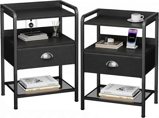 Nightstands Set of 2, Bedside Table with 1 Fabric Drawer, Open Mesh Shelf, End Table Side Table with Storage Drawer Dresser, Wear-Resistant Metal Frame, Bedroom, Black