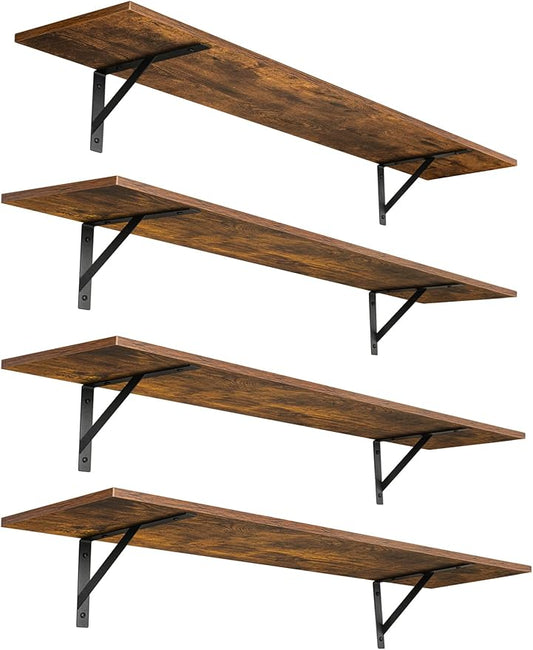 DINZI LVJ Long Wall Shelves, Set of 4, 55.1Inch Wall Mounted Shelves, Extra Large Floating Storage Ledges with Sturdy Metal Brackets for Living Room, Laundry, Garage, Closet, Rustic Brown