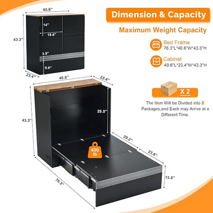 VINGLI Twin Size Murphy Bed with LED Lights, Storage Drawer & Built-in Charging Station, Space-Saving Cabinet Bed for Kids,Adults & Guests,Classic Black