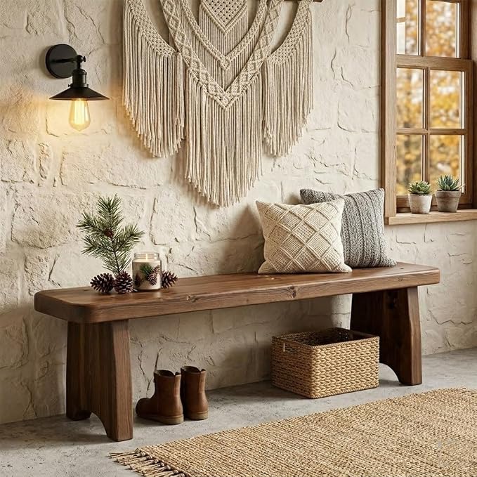 Entryway Bench, 24" to 59" Solid Wood Bench, Wooden Shoe Bench for Entryway, Farmhouse End of Bed Bench for Bedroom, Dining Room, Kitchen, Window Seat, Outdoor Garden Bench Seat