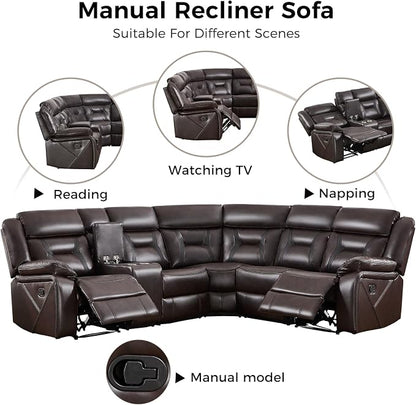 EBELLO Manual Reclining Sectional Sofa for Living Room, L-Shaped Sectional Corner Reclining Sectional Couches Home Furniture Set with Center Console, Hidden Cup Holders and Storage, Dark Brown