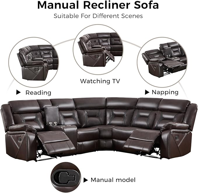 EBELLO Faux Leather Reclining Sectional Sofa Set for Living Room, 1 Recliner Chair and L-Shaped Reclining Couches Home Furniture Set with Center Console, Hidden Cup Holders and Storage, Dark Brown