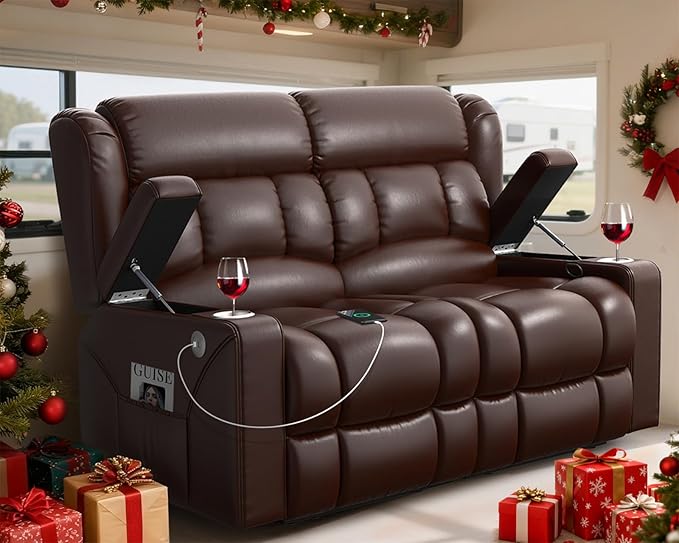 Loveseat Recliner Sofa, Wall Hugger RV Reclining Loveseat RV Couch with USB Ports, Large Pockets, Cup Holders, 150° Adjustable RV Recliners Furniture for Travel Trailers & Home Theater Seating