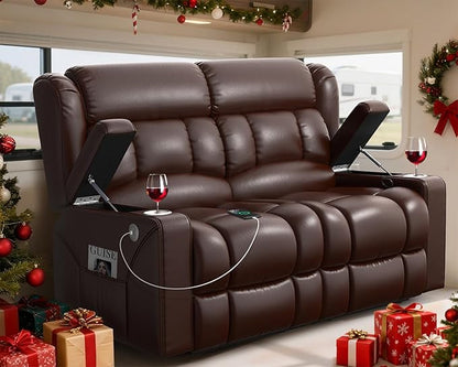 Loveseat Recliner Sofa, Wall Hugger RV Reclining Loveseat RV Couch with USB Ports, Large Pockets, Cup Holders, 150° Adjustable RV Recliners Furniture for Travel Trailers & Home Theater Seating