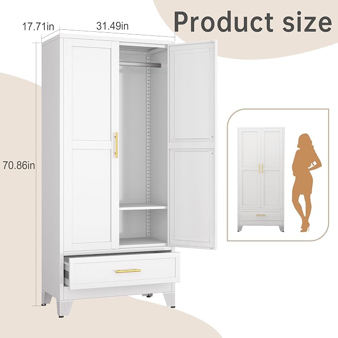 PAOFIN 71" Metal Armoire Wardrobe Closet Storage Cabinet with Hanging Rod,Metal Clothing Cabinet with 1 Drawer and Adjustable Shelf for Bedroom, Laundry Room(White)