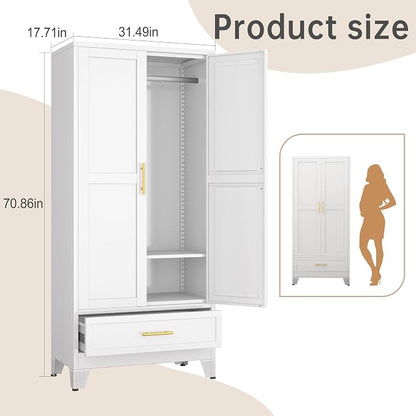 PAOFIN 71" Metal Armoire Wardrobe Closet Storage Cabinet with Hanging Rod,Metal Clothing Cabinet with 1 Drawer and Adjustable Shelf for Bedroom, Laundry Room(White)