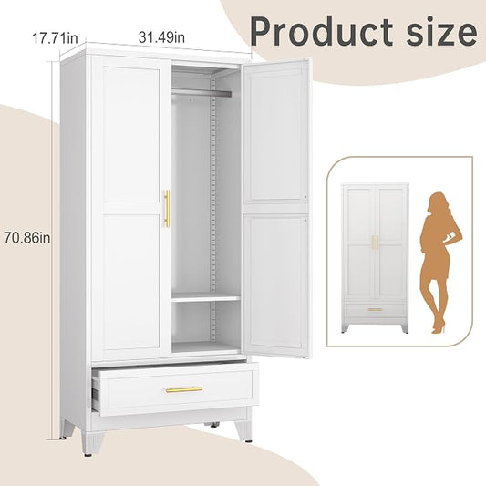 PAOFIN 71" Metal Armoire Wardrobe Closet Storage Cabinet with Hanging Rod,Metal Clothing Cabinet with 1 Drawer and Adjustable Shelf for Bedroom, Laundry Room(White)