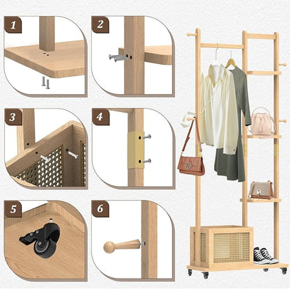 Wood Clothes Rack with Storage, 4 Shelves, 4 Hooks, Garment Rack with wheels, Coat Rack Freestanding, Clothing Rack Heavy Duty Hall Tree for Living Room Hallway,856 Natural