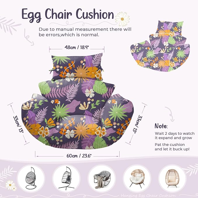 Waterproof Egg Chair Cushion Replacement 47x31.5x4.7 inch Thicken Hanging Egg Swing Chair Cushion Indoor Outdoor Wicker Rattan Hammock Basket Cushion with Headrest Pillow, Purple Leaves