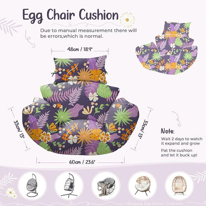Waterproof Egg Chair Cushion Replacement 47x31.5x4.7 inch Thicken Hanging Egg Swing Chair Cushion Indoor Outdoor Wicker Rattan Hammock Basket Cushion with Headrest Pillow, Purple Leaves