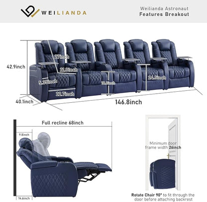 Weilianda Home Theater Seating Top Grain Leather Zero Gravity Recliner Chair Power Headrest Recline Movie Seat Gaming 7 Colors Mood Light Sofa with Tray Table USB Charge Row of 5 Blue