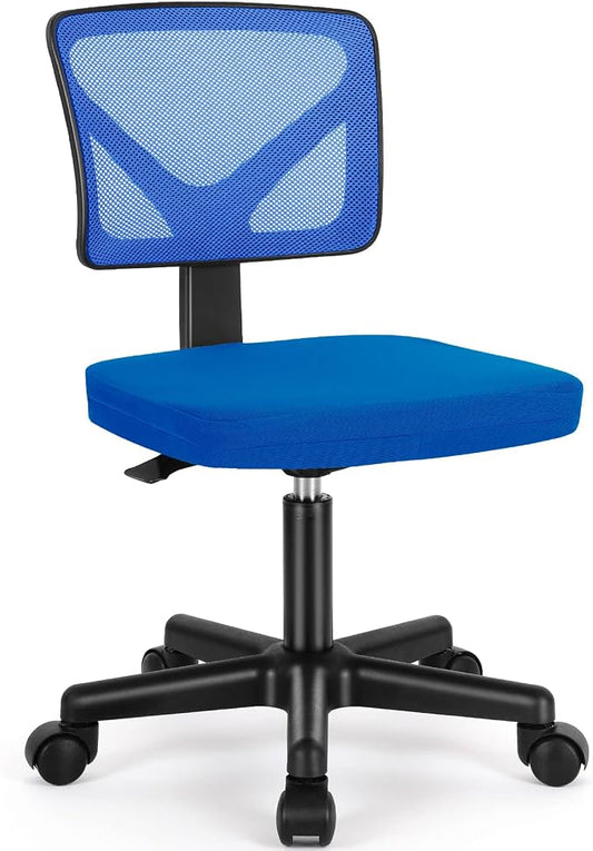 Sweetcrispy Ergonomic Low-Back Mesh Small Office Chair, Rolling Work Swivel Chairs with Wheels, Armless Comfortable Seat Lumbar Support for Home, Bedroom, Study, Student, Adults, Blue