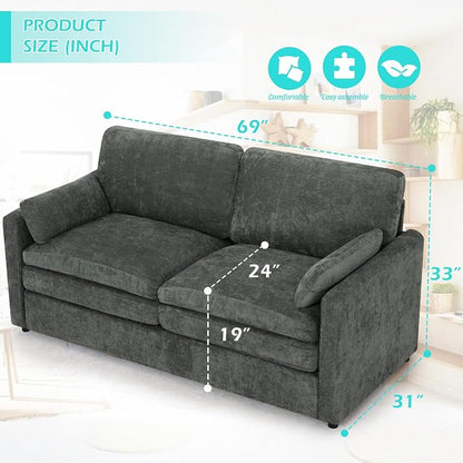 69” Chenille Love seat Sofa w/Arm Pillows, Upholstered 2 Seater Sofa w/Comfortable Back Cushions, Modern 2 Seats Couch w/High-Density Foam for Living Room, Apartment, Office, Grey