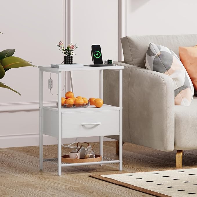 Somdot White Nightstand Set of 2 with Charging Station and LED Light for Bedroom, Bedside Table End Table for Dorm Guest Room Bedside Kids Laundry Closet Entryway Hallway, White Leather