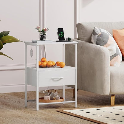 Somdot White Nightstand Set of 2 with Charging Station and LED Light for Bedroom, Bedside Table End Table for Dorm Guest Room Bedside Kids Laundry Closet Entryway Hallway, White Leather