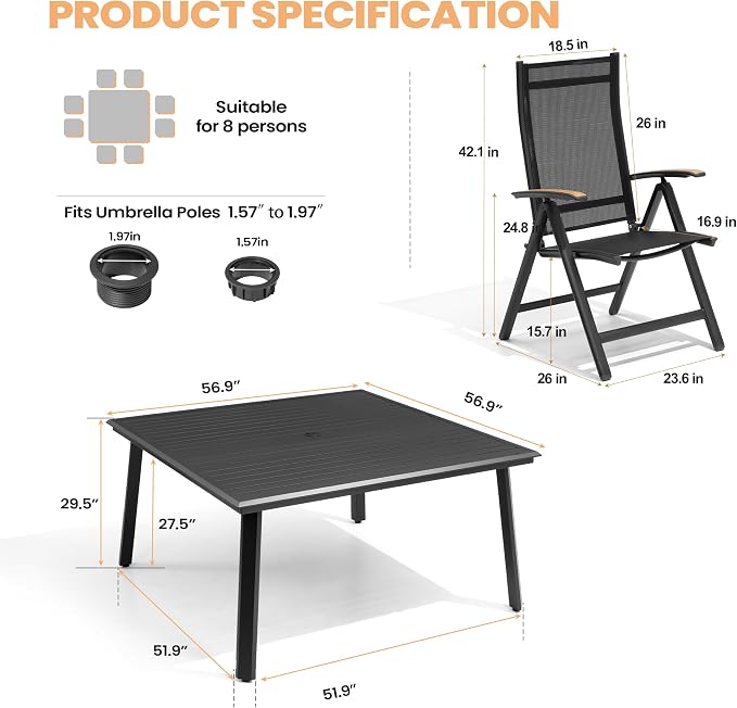 Pellebant 9 Pieces Aluminum Patio Table and Chairs Set - 57" Square Table and Foldable Chairs Outdoor Dining Set with Umbrella Hole, Weather Resistant Sturdy Frame for Deck, Porch & Backyard