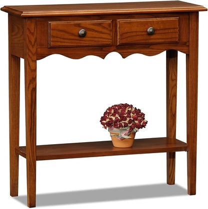 Leick Home Narrow Console Table with 2 Drawers and Bottom Shelf, Medium Oak Sofa Table for Entryway, Hallway, Living Room or Behind Couch, Solid Wood Slim Storage Accent Furniture, 9027-MED