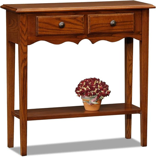 Leick Home Narrow Console Table with 2 Drawers and Bottom Shelf, Medium Oak Sofa Table for Entryway, Hallway, Living Room or Behind Couch, Solid Wood Slim Storage Accent Furniture, 9027-MED