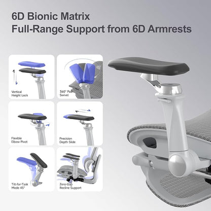 Office Chair with Footrest, Ergonomic Chair with 3D Headrest, Computer Chair with Adjustable Backrest & 6D Armrest, Gaming Chair with Adaptive Lumbar Support, Adjustable Seat Depth, Grey
