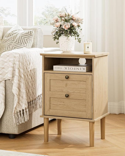 Nightstand, Boho Night Stand with 1 Drawer, Modern Side Accent Table with Open Shelf, Wooden Top Bedside End Table for Bedroom, Living Room, Natural