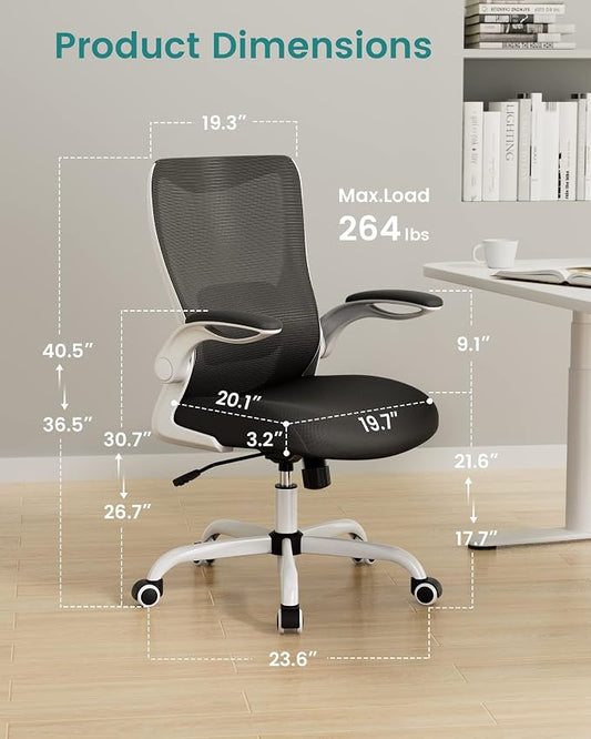 MUXX.STIL Office Chair, Ergonomic Desk Chair with Adjustable Lumbar Support and Flip up Armrest, Breathable Mesh Computer Chair for Home Office, White
