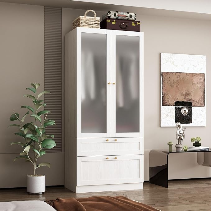 MOUMON Modern Wardrobe with Drawers, Bedroom Armoires with Frosted Glass Doors and Hanging Rod, Armoire Wardrobe Closet with Gold Knobs, Wood Grain 31.5" W x 19.9" D x 70.9" H