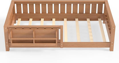 Bellemave Twin Size Floor Bed with high Rails and with Built-in Bookshelf for Kids, Wood Montessori Floor Bed Without Door, Natural
