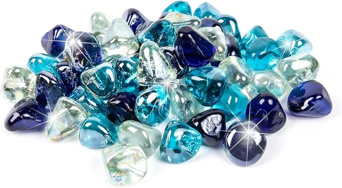GASPRO 10 Pound Fire Glass Diamonds 1 Inch, Fire Pit Glass Rocks for Gas Fireplace and Fire Pit, Blend of White, Cobalt Blue and Margarita Azura Blue, High Luster