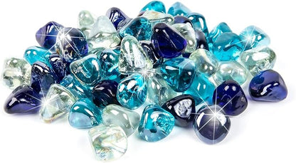 GASPRO 10 Pound Fire Glass Diamonds 1 Inch, Fire Pit Glass Rocks for Gas Fireplace and Fire Pit, Blend of White, Cobalt Blue and Margarita Azura Blue, High Luster