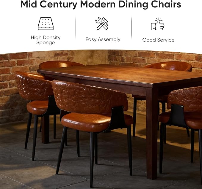 Atoll Modern Accent Dining Chairs Set of 4 with Upholstered PU Leather Seat & Curved Back, Metal Legs, Mid-Century Kitchen Chair for Dining Room, Living Room or Office (4, Brown)