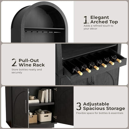Arden Collection 2-Piece Display & Storage Cabinet Set, Arched Glass Door Sideboard and Tall Pantry Cabinets with LED Lighting, Wine Storage and Charging Station for Dining Room, Coffee Bar,Black Grey