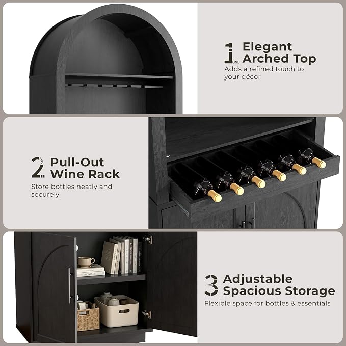 Arden Collection 2-Piece Home Bar Cabinet Set, Arched Sideboard and Tall Pantry Cabinets with LED Lighting, Charging Station, Wine Rack and Adjustable Shelves for Dining Room, Kitchen,Black Grey