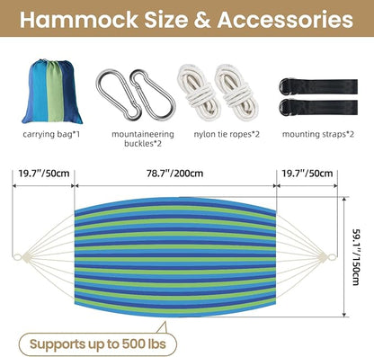 Bellzacasa Brazilian Double Camping Hammock, Portable Hammock Heavy Duty 500 lb Load Capacity Tassels and Fishtail Knitting with Carry Bag & Tree Straps for Patio Balcony Backyard, Blue Stripes