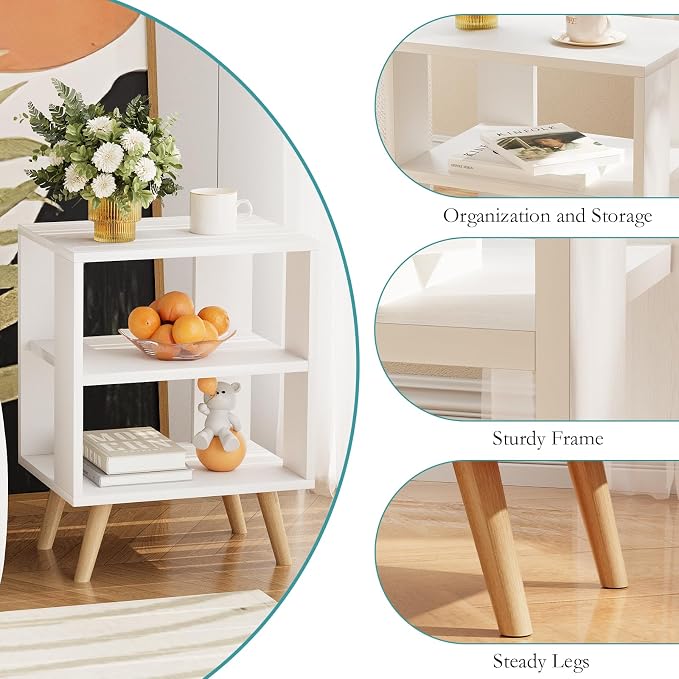 Huhote Kids Nightstand, 2-Tier Night Stand with Open Storage, Modern Side Table for Bedroom, Study Room, Small Spaces, White