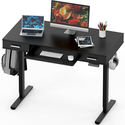 SHW 48-Inch Electric Height Adjustable Desk with Keyboard Tray and 2 Drawers, Black