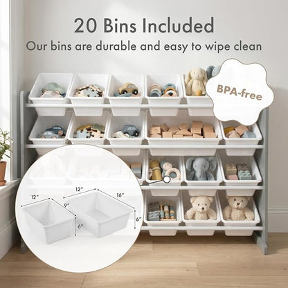 Humble Crew Toy Storage Organizer with 20 Removable Storage Bins for Kids Playroom, 4-Tier Toddler Toy Organization and Storage, Grey/White