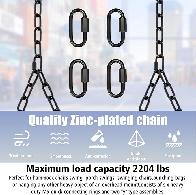 Heavy Duty Porch Swing Hanging Chain Kit (2 Pack) 1500 Lbs Capacity, up to 8 ft Length- Rustproof Zinc-Plated, 6 Quick Links & 2 Y-Chain Assemblies(Black)