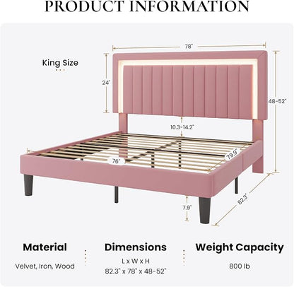 SHA CERLIN King Size Velvet Bed Frame with LED Light, Adjustable Vertical Channel Tufted Headboard, Strong Wooden Slats Support, Noise-Free, No Box Spring Needed, Pink
