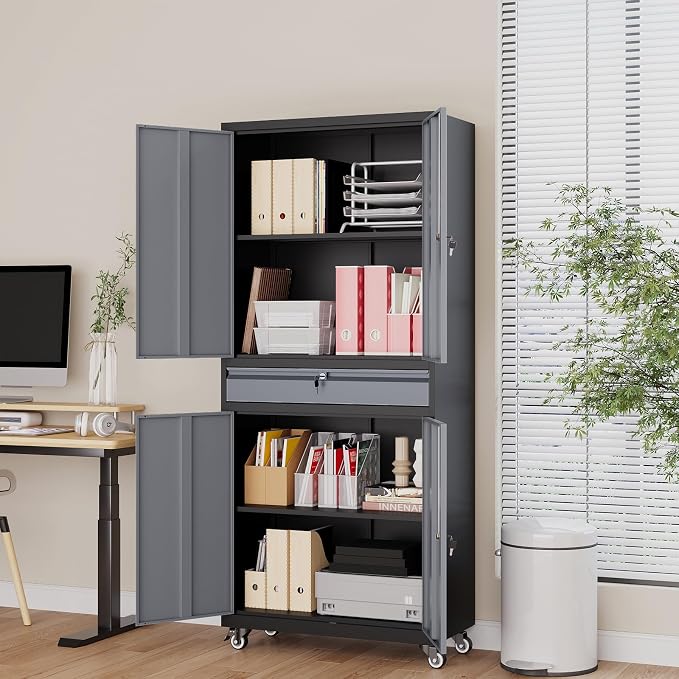 73" Metal Garage Storage Cabinet with Wheels， Rolling Tool Storage with Locking Doors， Adjustable Shelves and Drawer, Heavy Duty Steel Tool Cabinet for Garage, Warehouse, School(Black Grey)