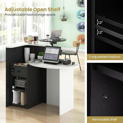 Reception Desk, Retail Checkout Counter w/Lockable Drawer & Open Shelves, Computer Workstation, Small Front Desk Reception Counter for Company Lobby Store Salon Office (White & Black)