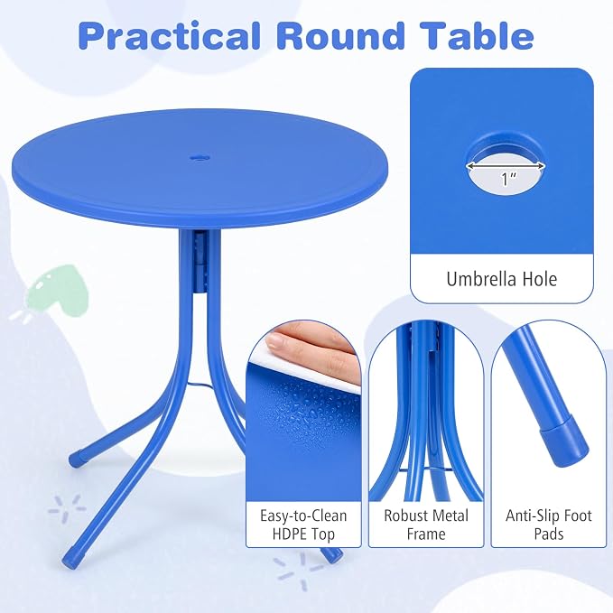Costzon Kids Picnic Table, Kids Outdoor Table with 2 Folding Chairs, Height Adjustable Umbrella, Portable Children Outdoor Furniture for Patio, Garden, Backyard (Blue Ocean)
