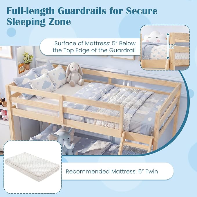 Giantex Twin Over Full Bunk Bed, Solid Wood Kids Bunk Bed with Full-Length Guardrails & Ladder, Low Bunk Beds with Slats Support for Kids, Teens, No Box Spring Needed, Natural