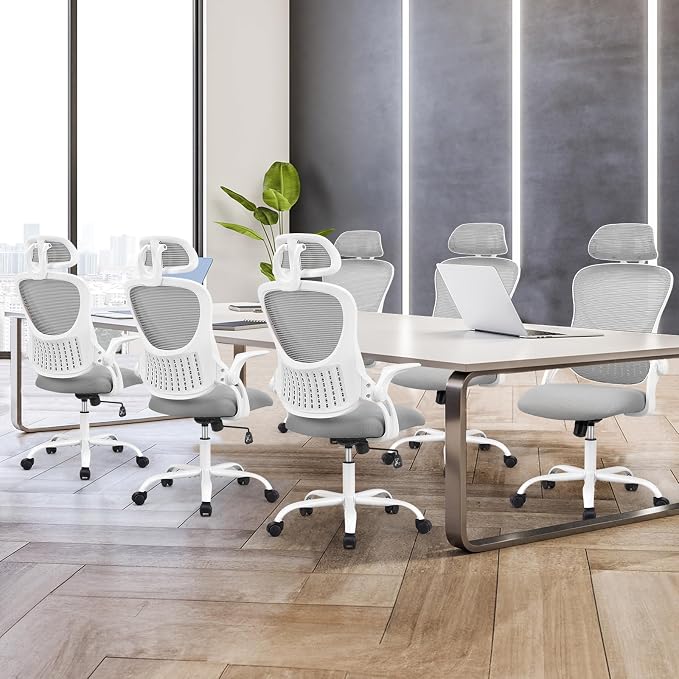 Sweetcrispy Home Office Desk Chair, Ergonomic High-Back Mesh Rolling Work Computer Chairs with Wheels and Adjustable Headrests, Comfortable Lumbar Support, Comfy Flip-up Arms for Bedroom, Study, Grey