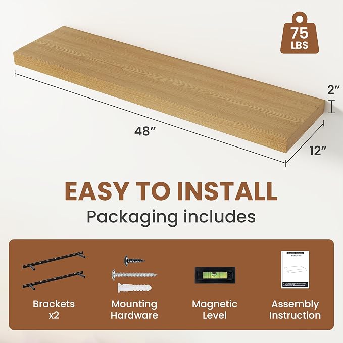 Vivelove 12 Inch Deep Floating Shelves 47.2 inch Long, 2 Inch Thick Wall Shelves with Invisible Brackets, Shelf for Bedroom Bathroom Living Room Kitchen Office Home Decor, Modern Shelf Set of 2, Oak