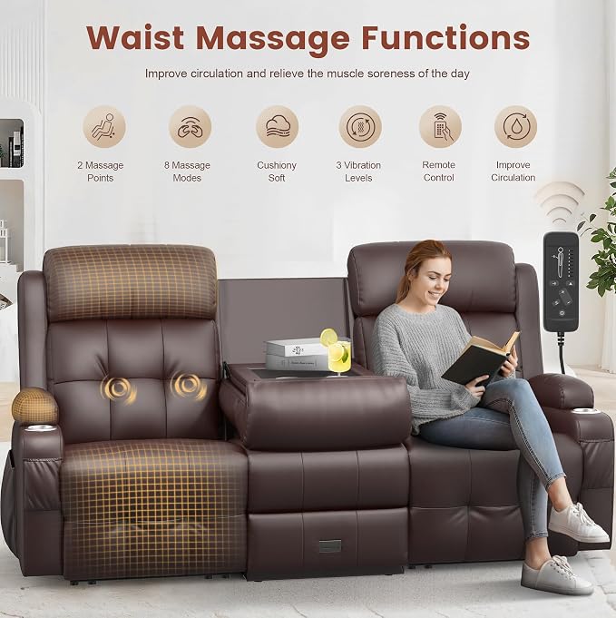 Loveseat Recliner, 3 Seater Massage Reclining Sofa Sets Heavy Weight Capacity, RV Loveseat Couch Clearance with Drop Down Table, Storage, Cup Holders, Wall Hugger Reclining Couch for Living Room