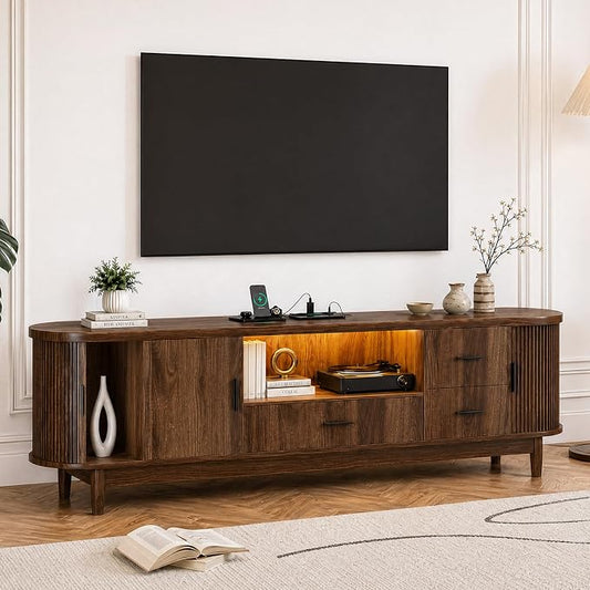 Haewon 63" Mid Century Modern TV Stand for TVs up to 75 Inch, Wood Entertainment Center with LED Lights and Power Outlet, Modern TV Console with Fluted Sliding Doors for Living Room, Walnut