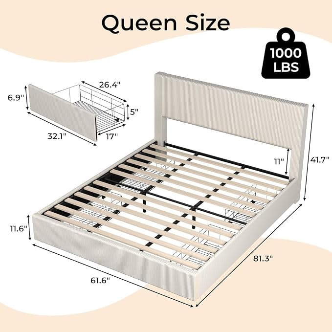 GAOMON Corduroy Queen Bed Frame with Headboard, Platform Upholstered Bed Frame with 4 Storage Drawers and Wooden Slats Support, No Box Spring Needed, Beige
